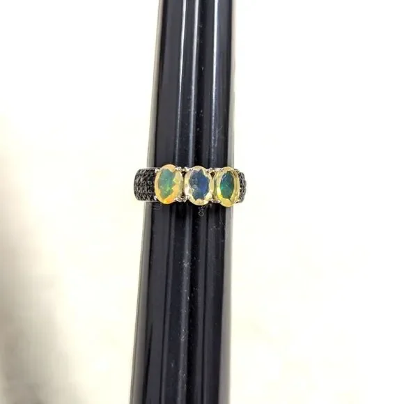 NWOT - Oval Ethiopian Opals w/ Black Spinel Rounds Rhodium Sterling Silver Ring - Picture 13 of 15